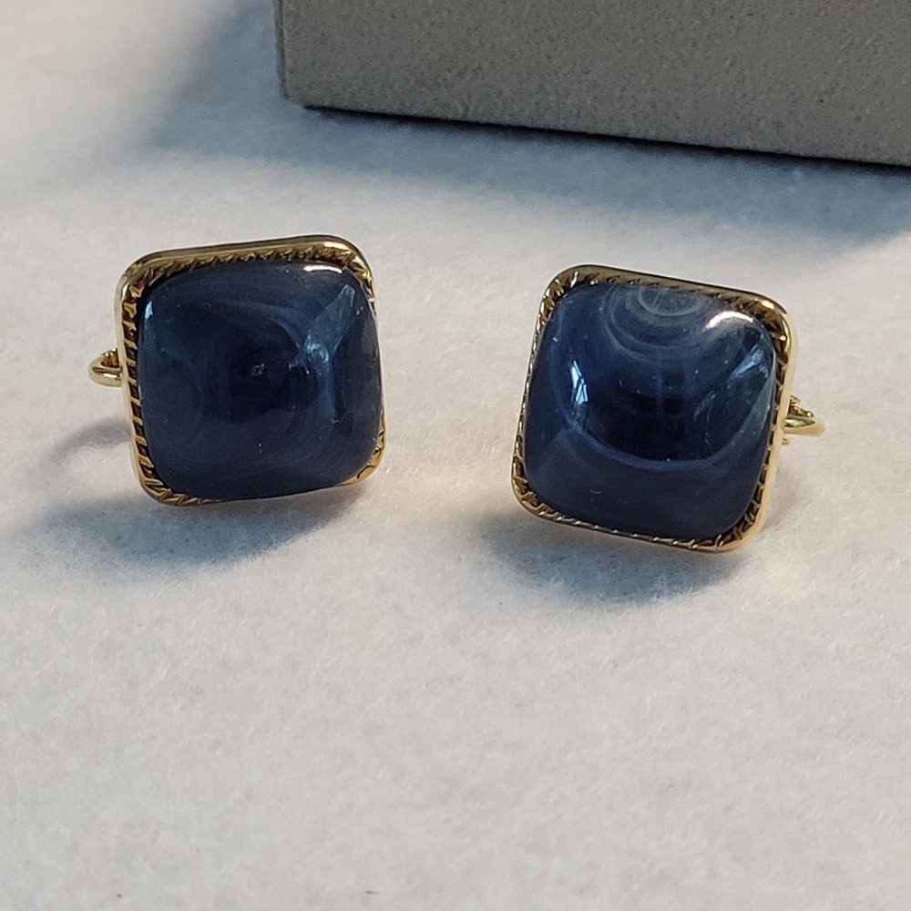 Vintage Gold Tone Square Blue Swirl Cabochon Screw Back Earrings Mid Century